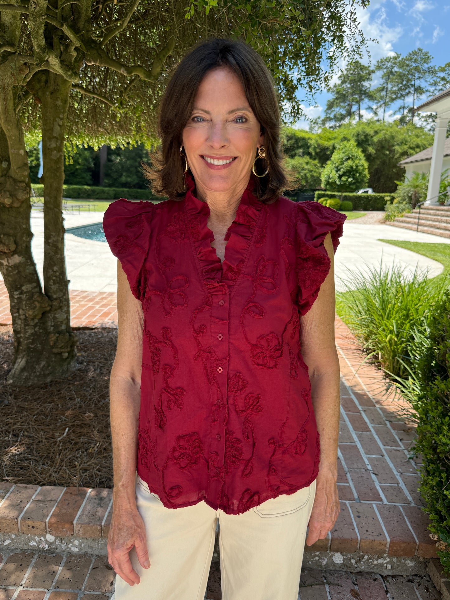 Meeting Ready Garnet Floral Applique Top