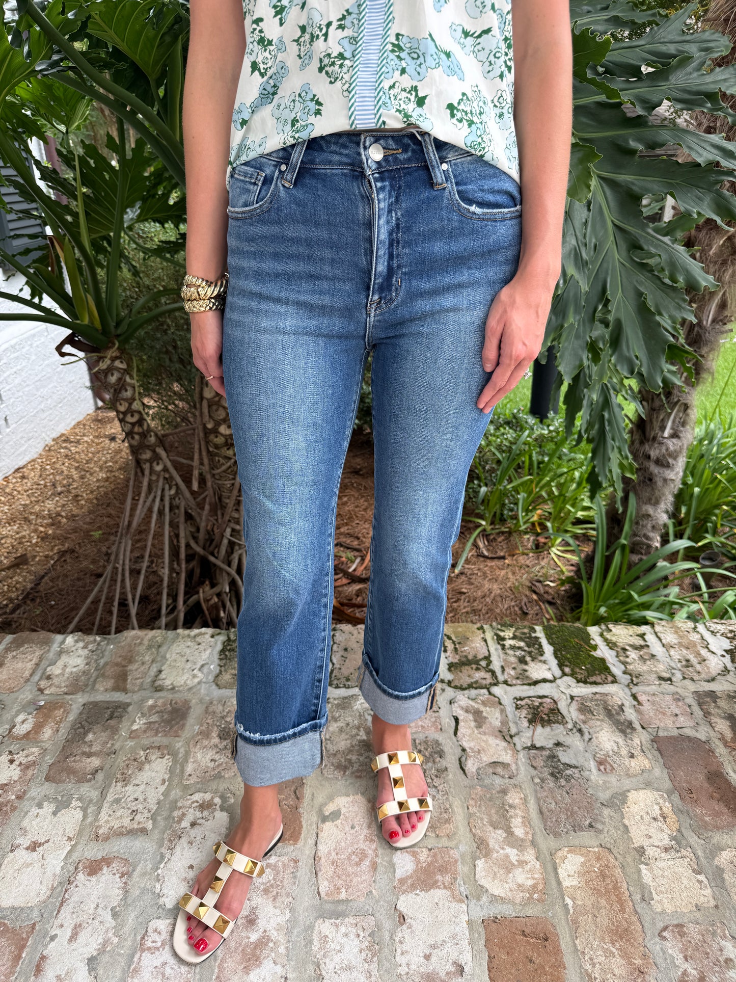 Risen Jeans High Rise Straight Cuffed- Medium Denim