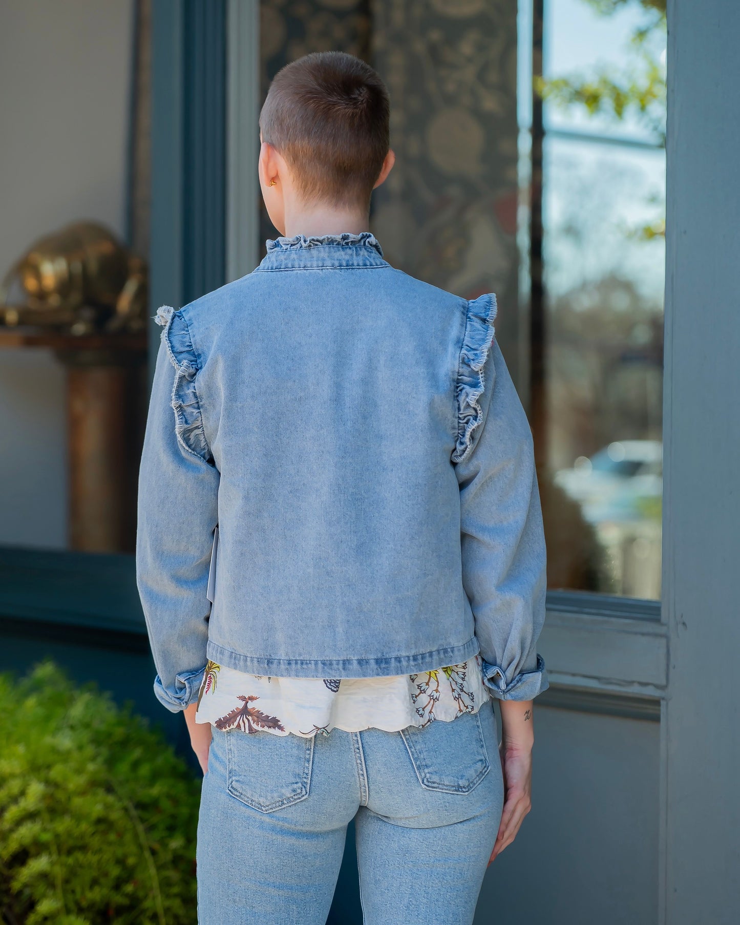 Alton Ruffle Collar Washed Denim Jacket