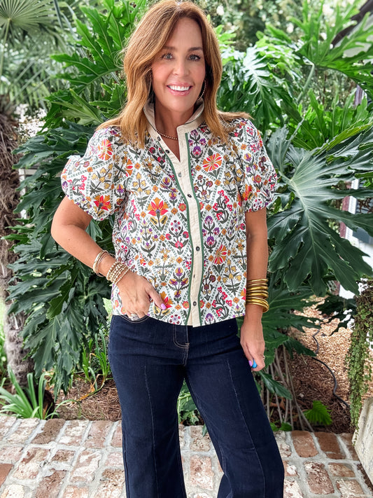 Minnie Red Multi Floral Button Up Top