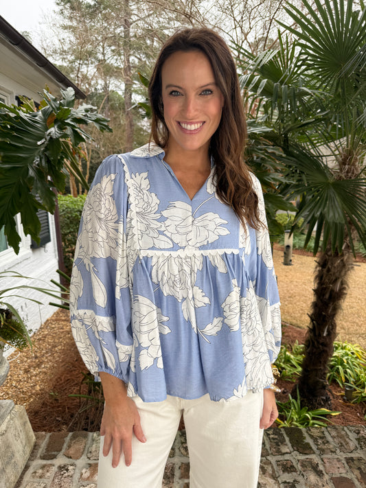 Charming Cornflower Blue Floral Print Top