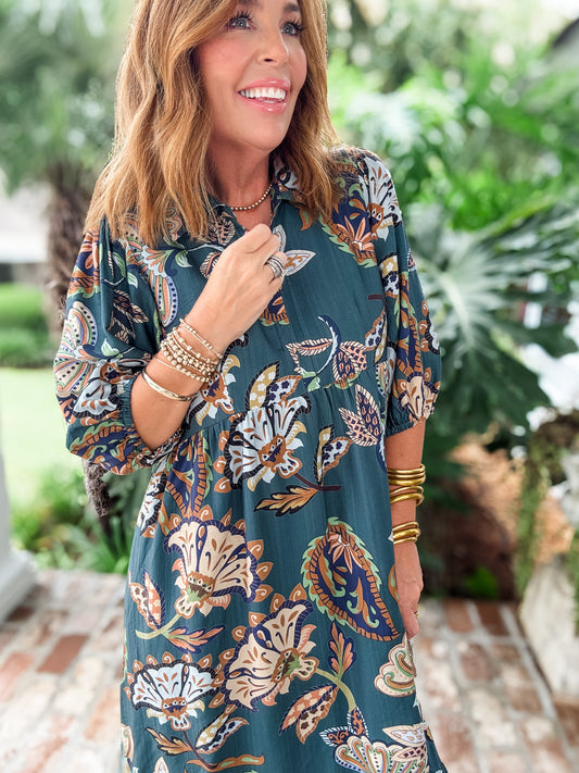 Bree Boho Print Midi Dress- Teal
