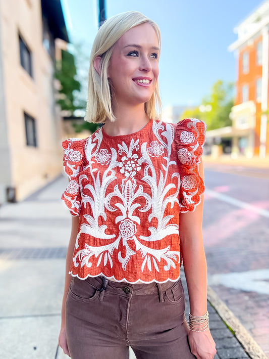 Evelyn Embroidered Top Rust