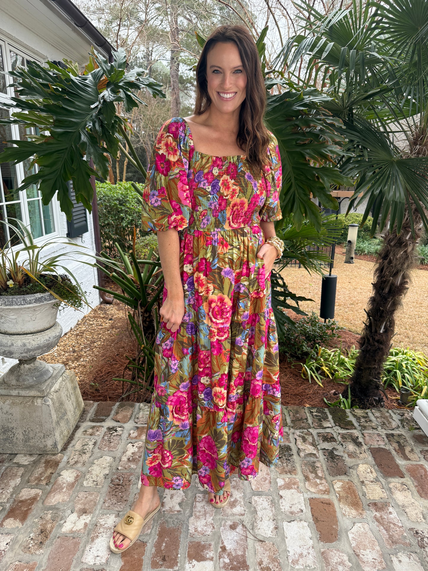 Olive Floral Garden Print Maxi Dress