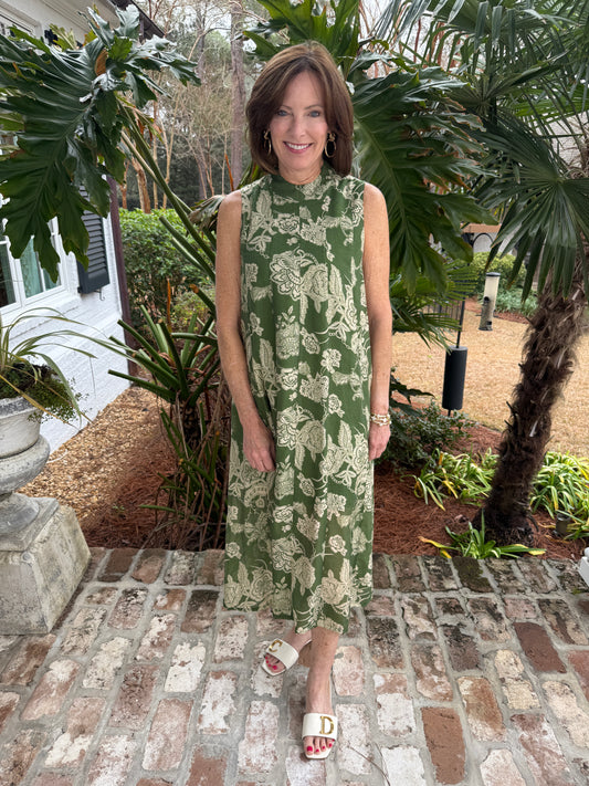 Beautiful Olive Green Floral Print Sleeveless Maxi Dress