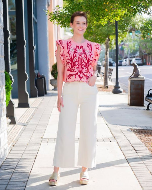 Ansonia Flutter Sleeve Embroidery Detail Top