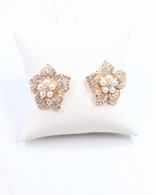 Pave Flower Post with Pearls Gold