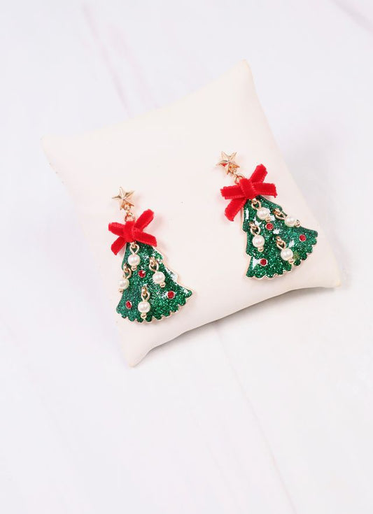 Christmas Tree Earring with Bow and Pearls GREEN