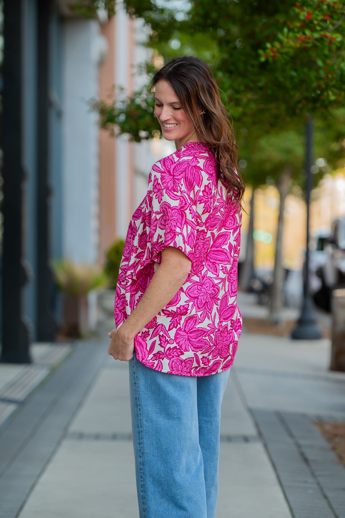 Maryville Drop Shoulder Floral Top-Fuchsia
