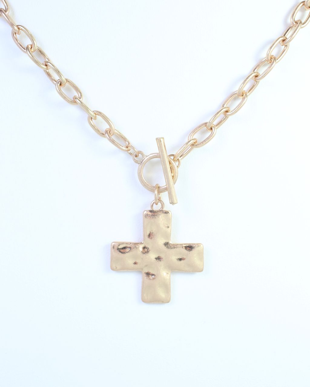 Cassie Hammered Cross Toggle Necklace Worn Gold