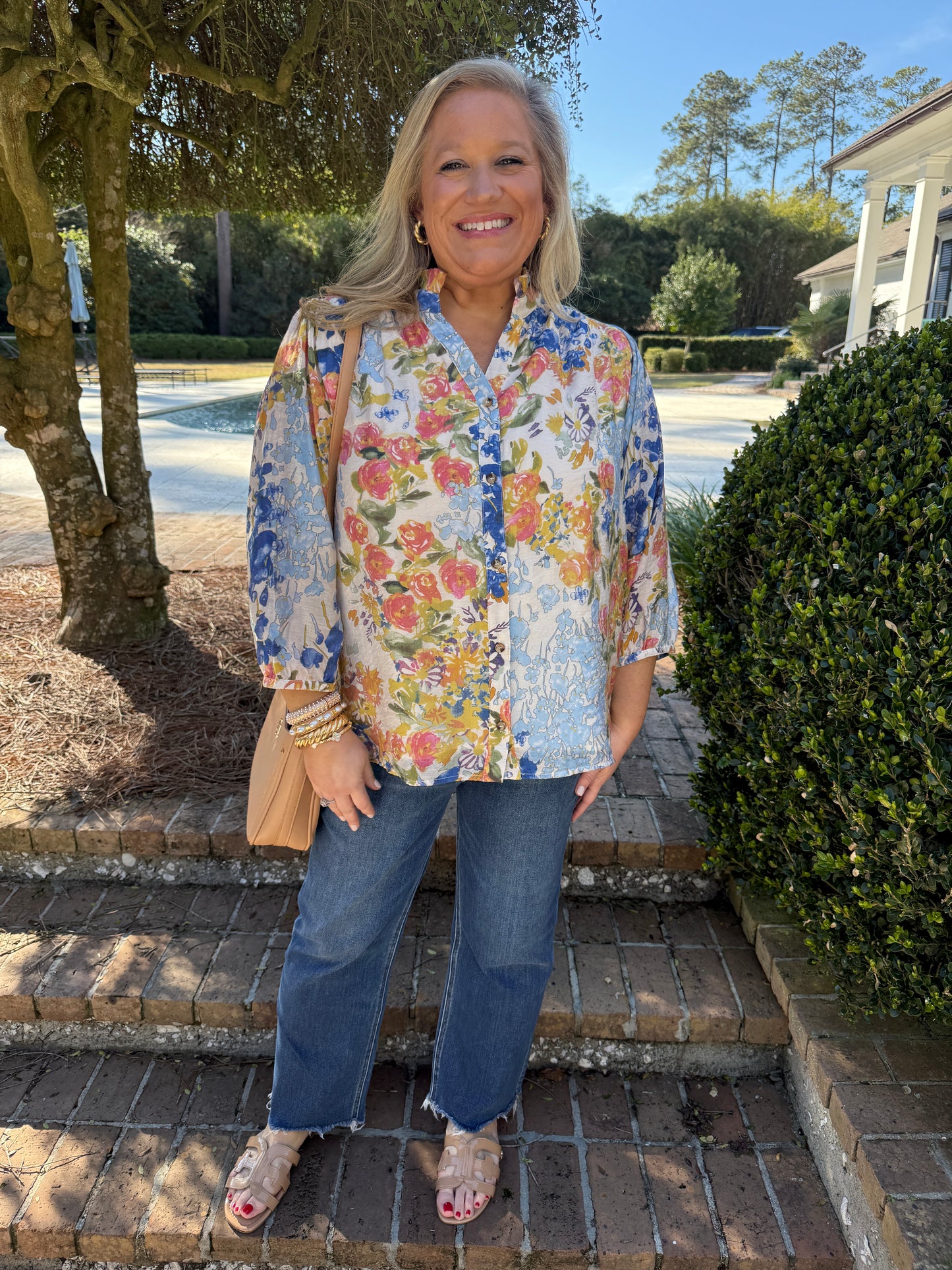 Spring Blue Floral Chiffon Print Top