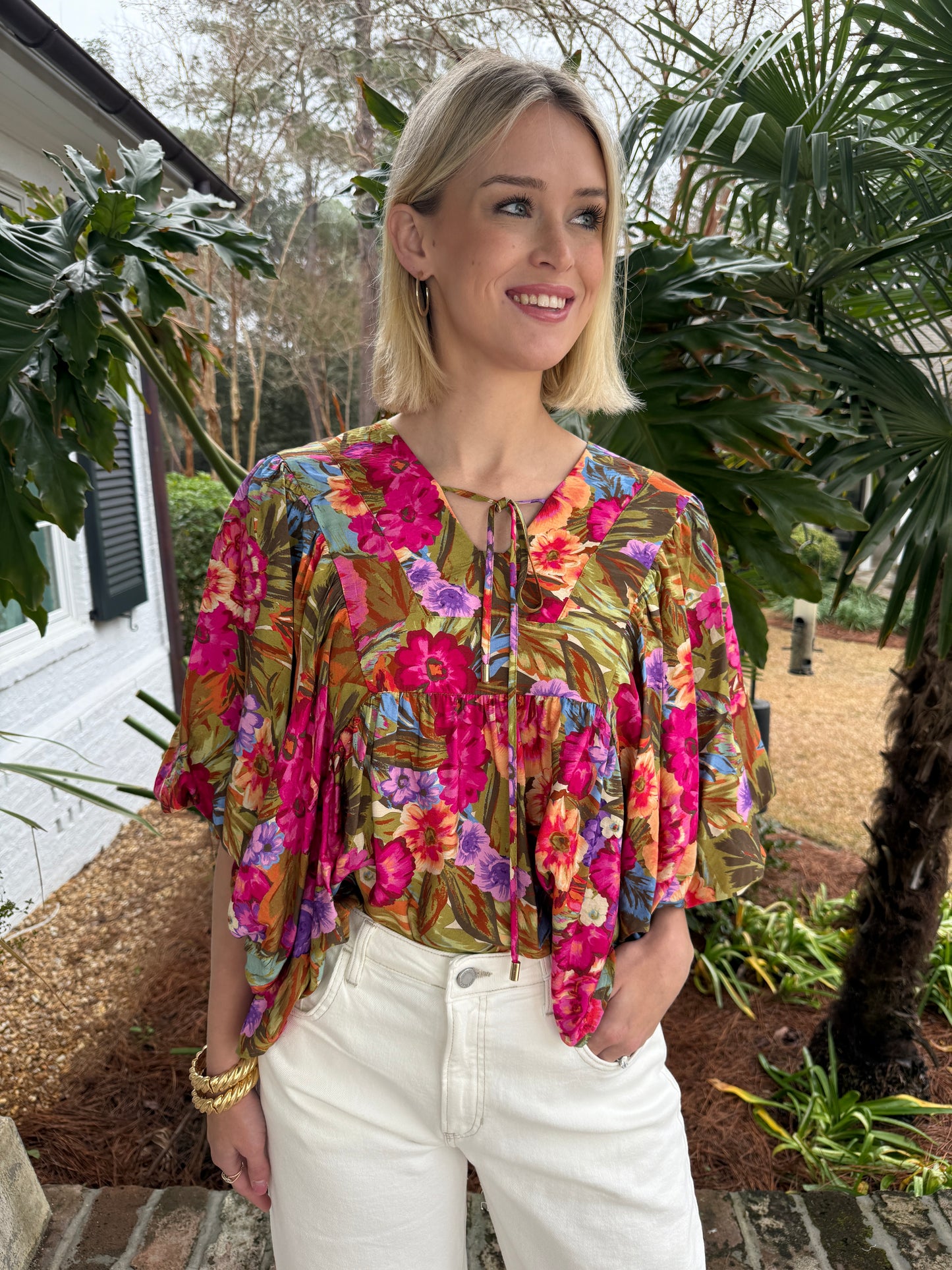 Olive Floral Garden Print Top