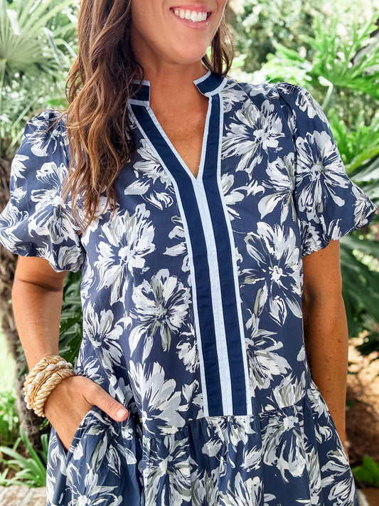 Dutton Navy Floral Print Bubble Sleeve Dress