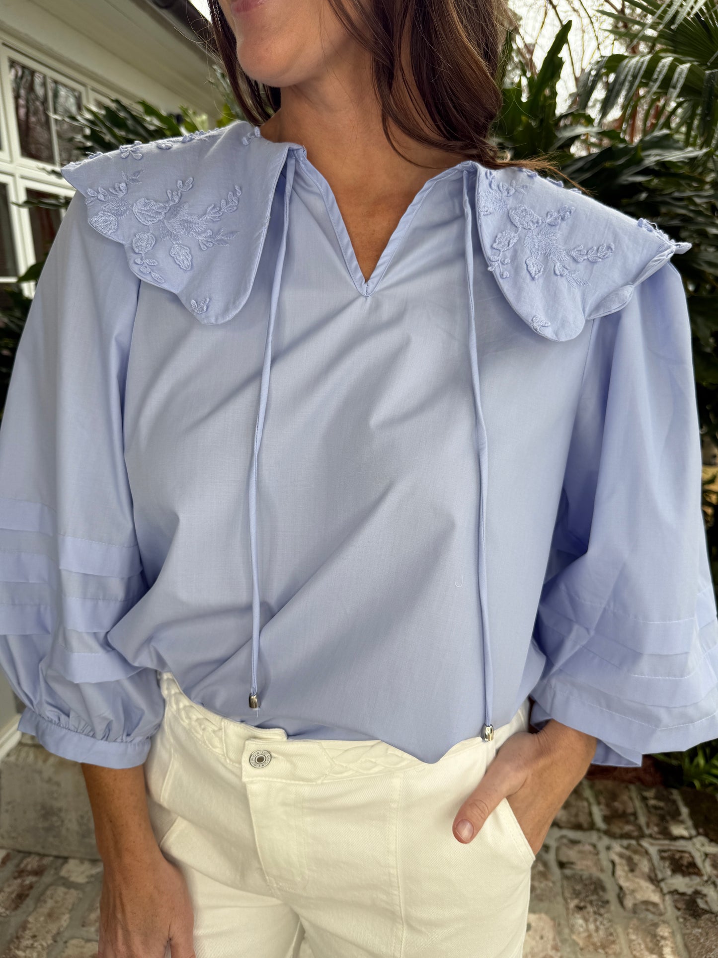 Scalloped Oversized Collar Top Blue