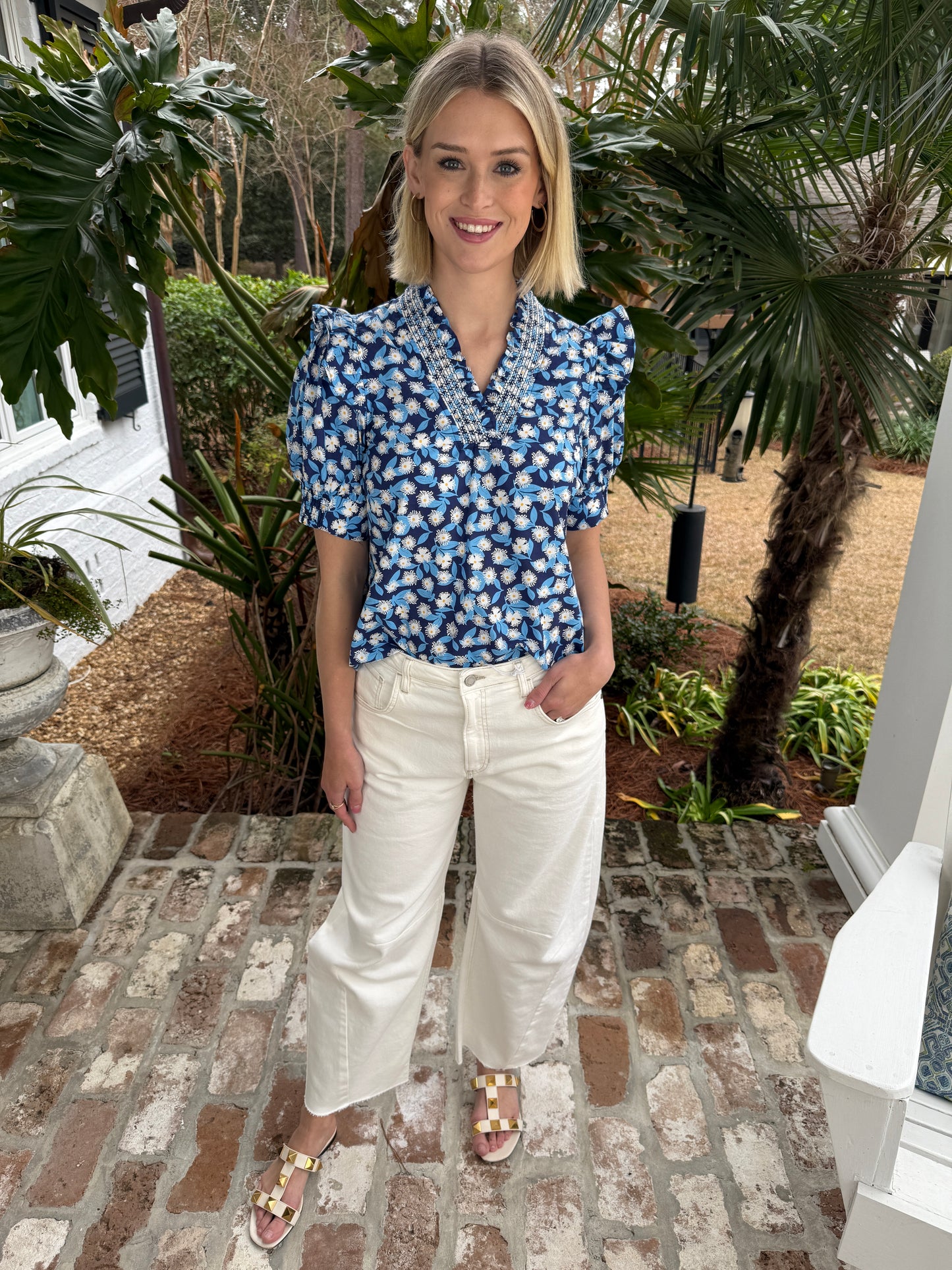 Daisy Floral Print Navy Top