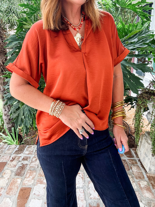 Charlton V-Neck Tunic- Rust