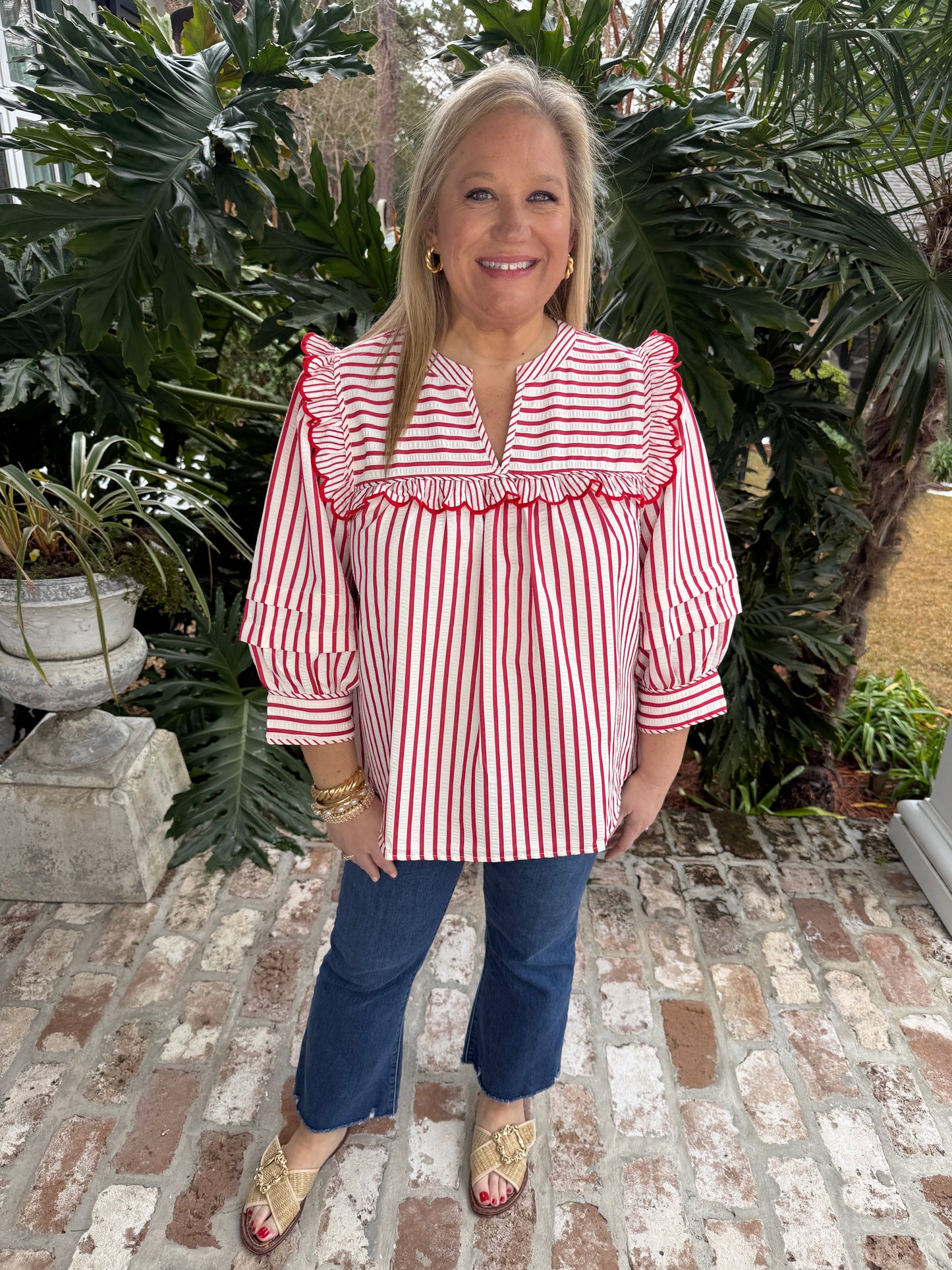 Red & White Stripe 3/4 Sleeve Top