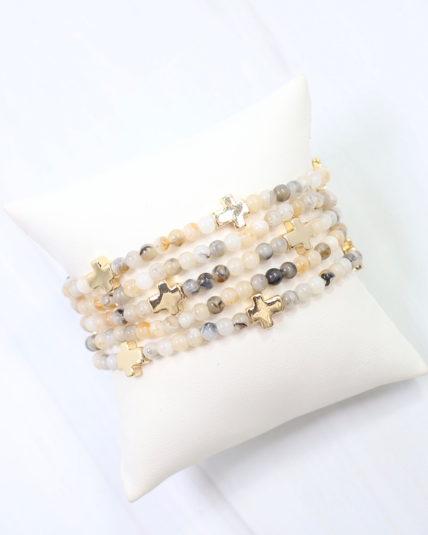 Flint Beaded Cross Stretch Bracelet Set Natural