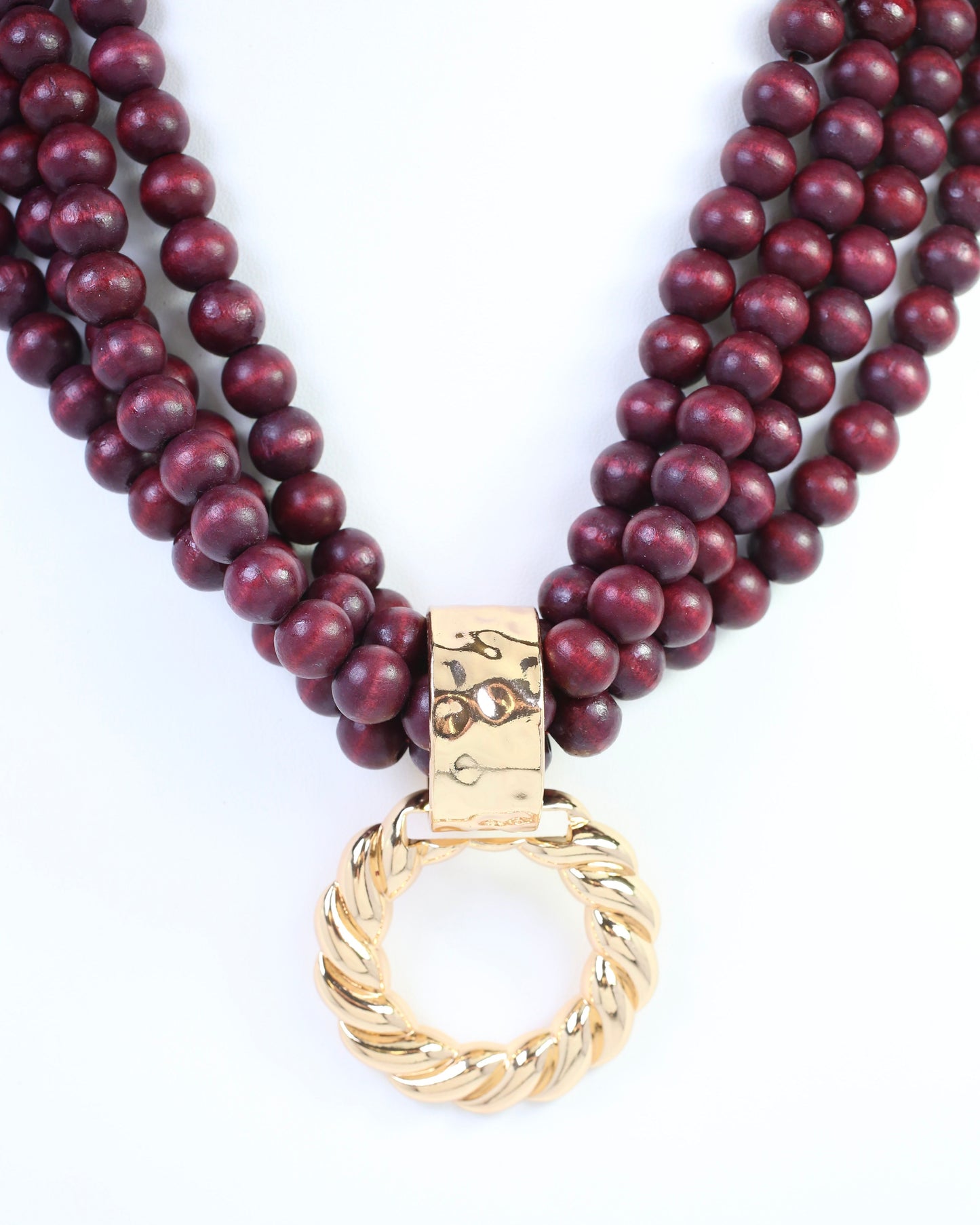 Margaux Wooden Bead Layered Necklace with Pendant Burgundy