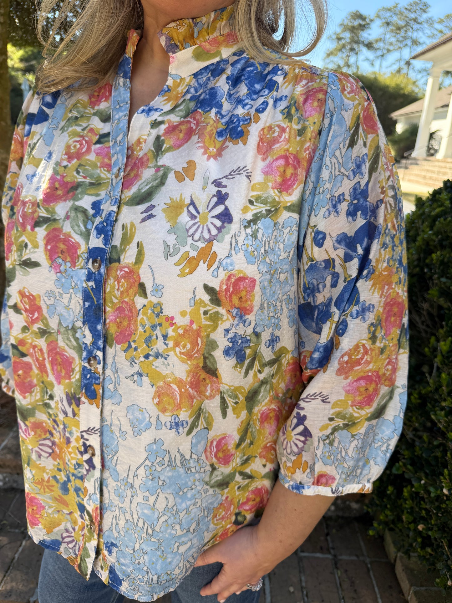 Spring Blue Floral Chiffon Print Top