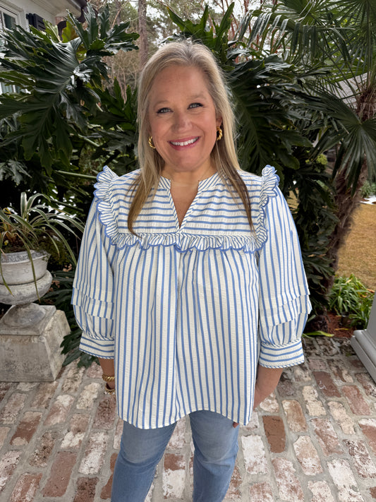 Blue & White Stripe 3/4 Sleeve Top