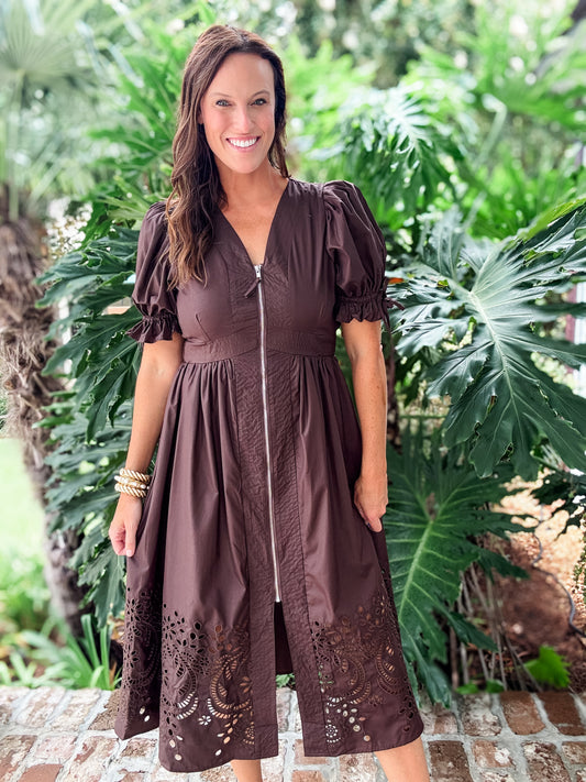 Stewart Puff Sleeve Midi Dress-Brown
