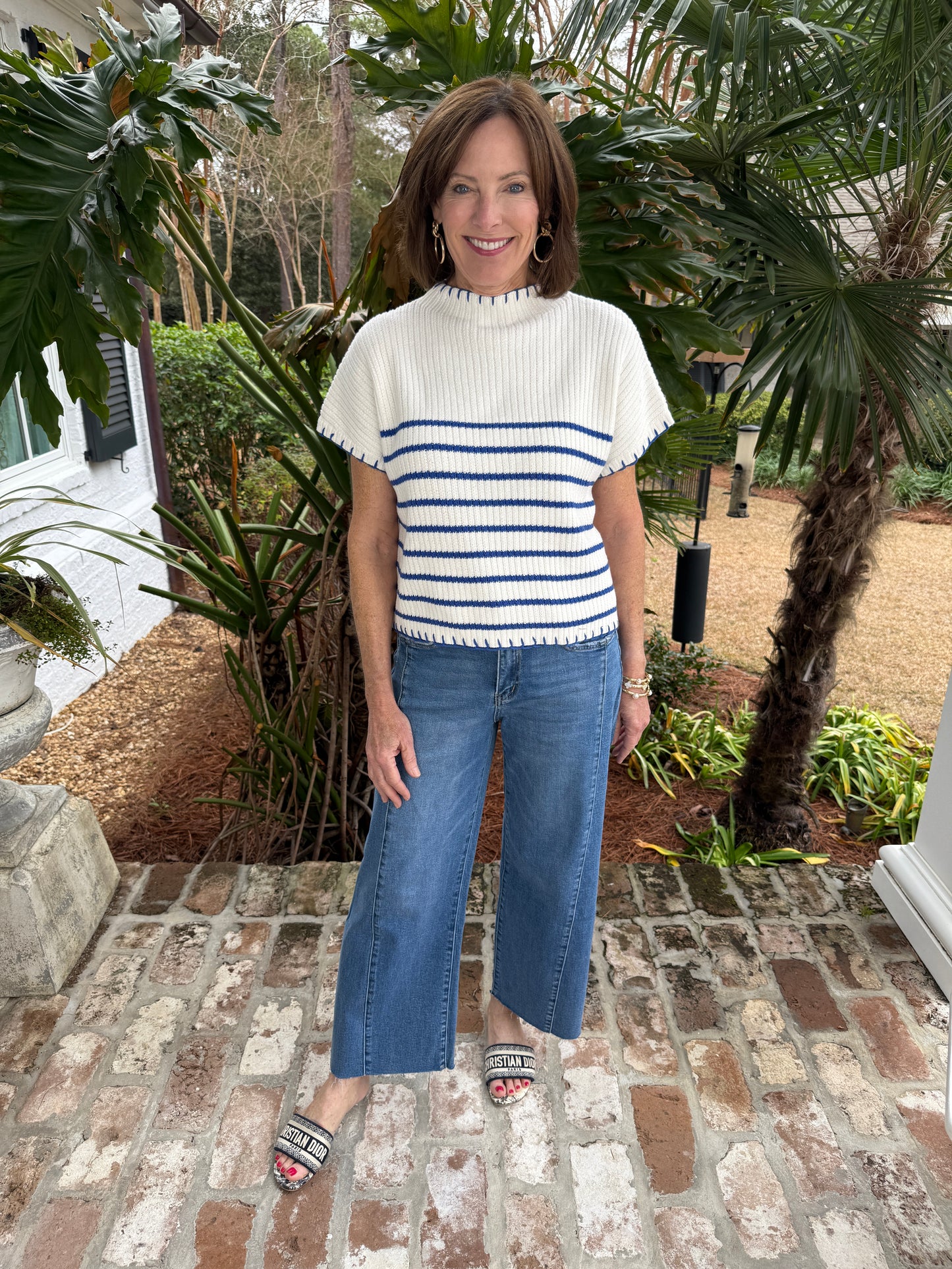 Becca's White & Blue Striped Knit Short Sleeve Sweater