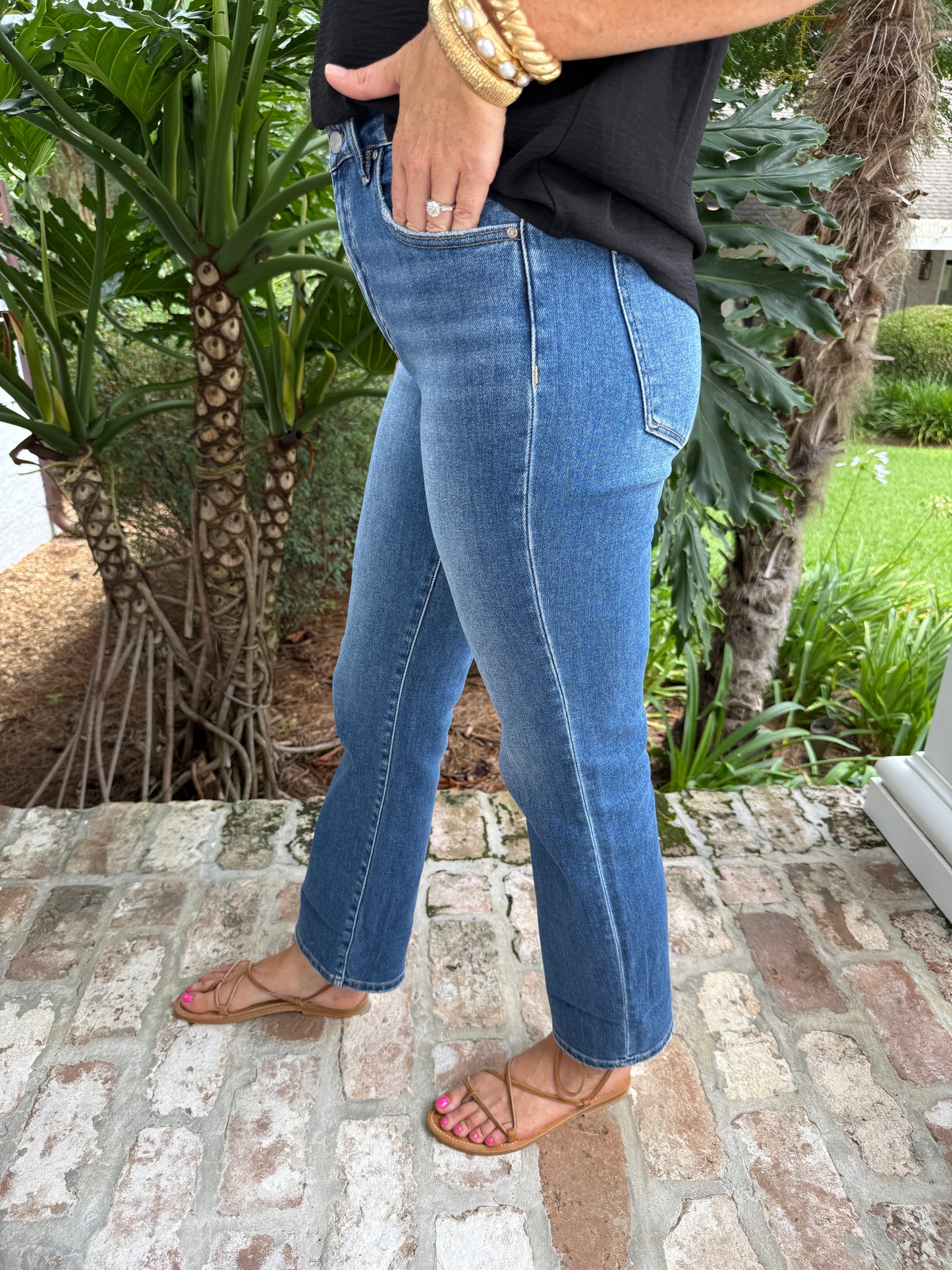 Risen Jeans High Rise Straight Cuffed- Medium Denim
