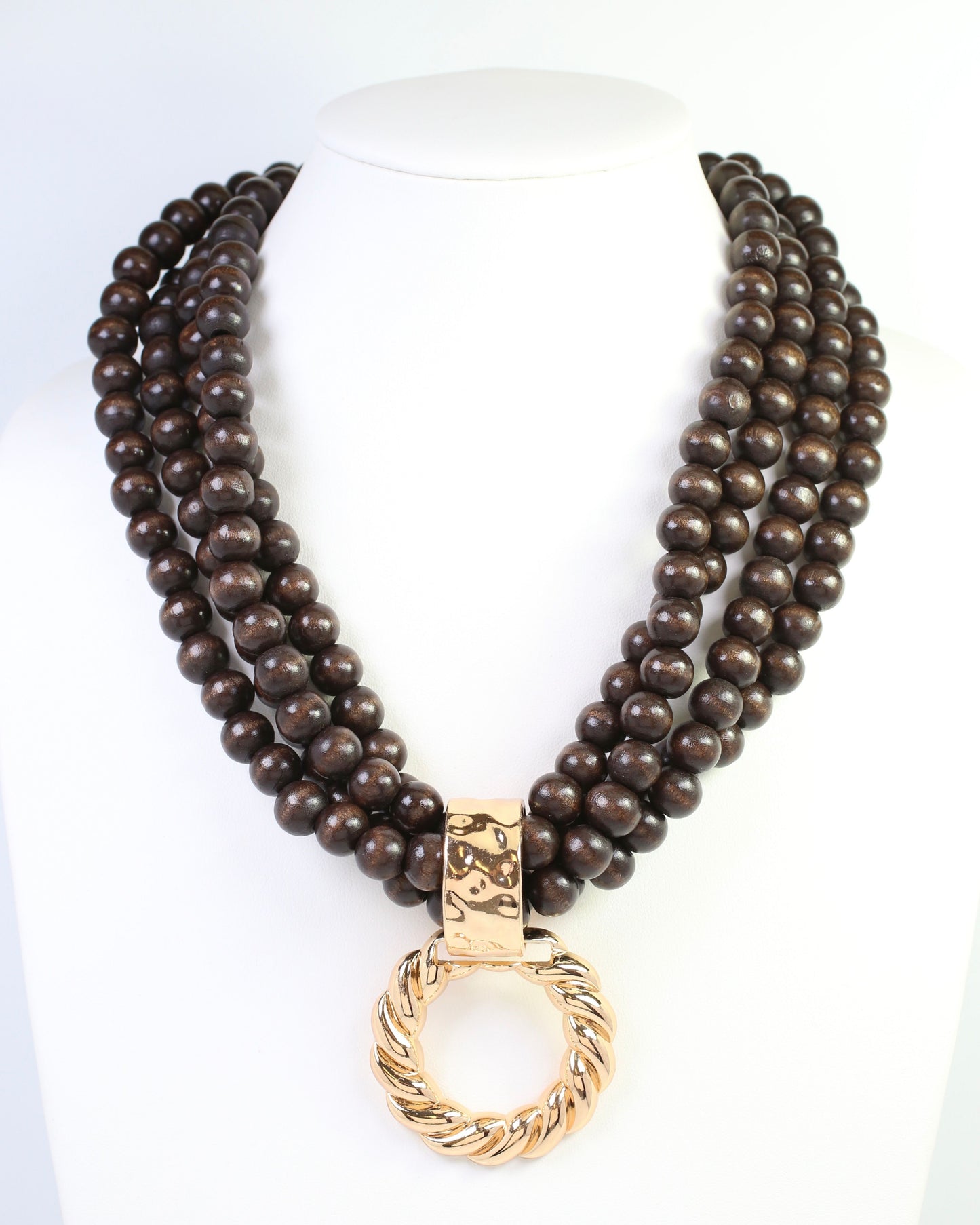Margaux Wooden Bead Layered Necklace with Pendant Dark Brown