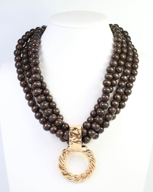 Margaux Wooden Bead Layered Necklace with Pendant Dark Brown