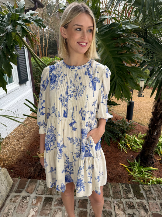 Blue Woodsy Floral Print Dress