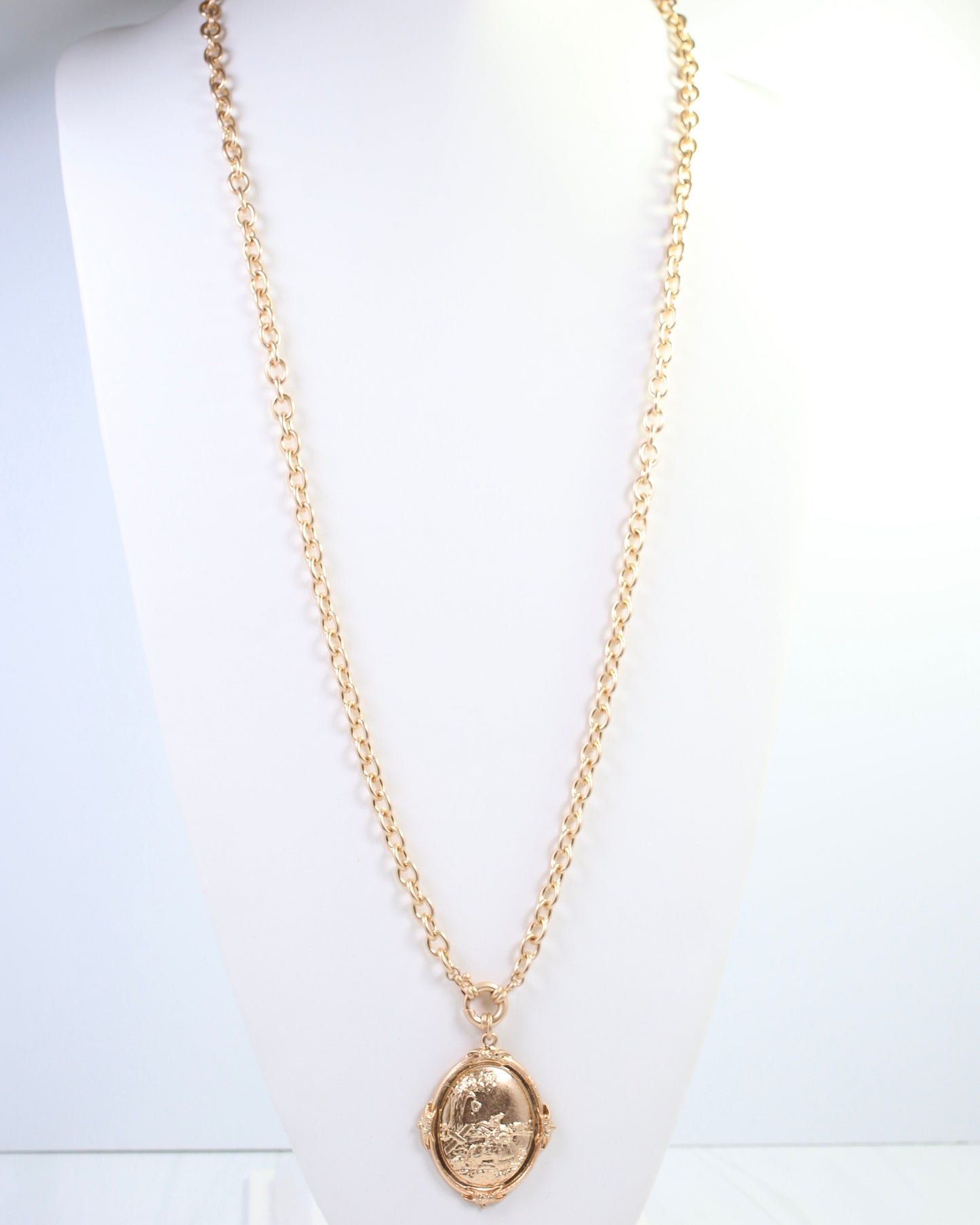 Bria Oval Medallion Long Necklace Worn Gold
