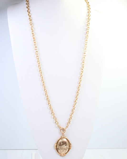 Bria Oval Medallion Long Necklace Worn Gold