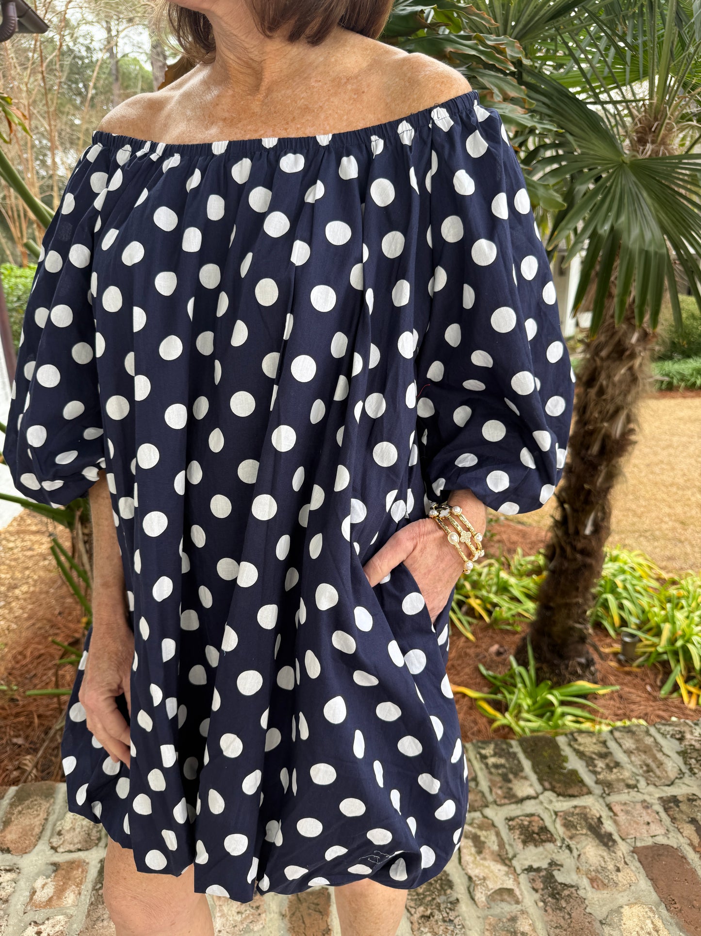 Voluminous Navy Polka Dot Print Dress