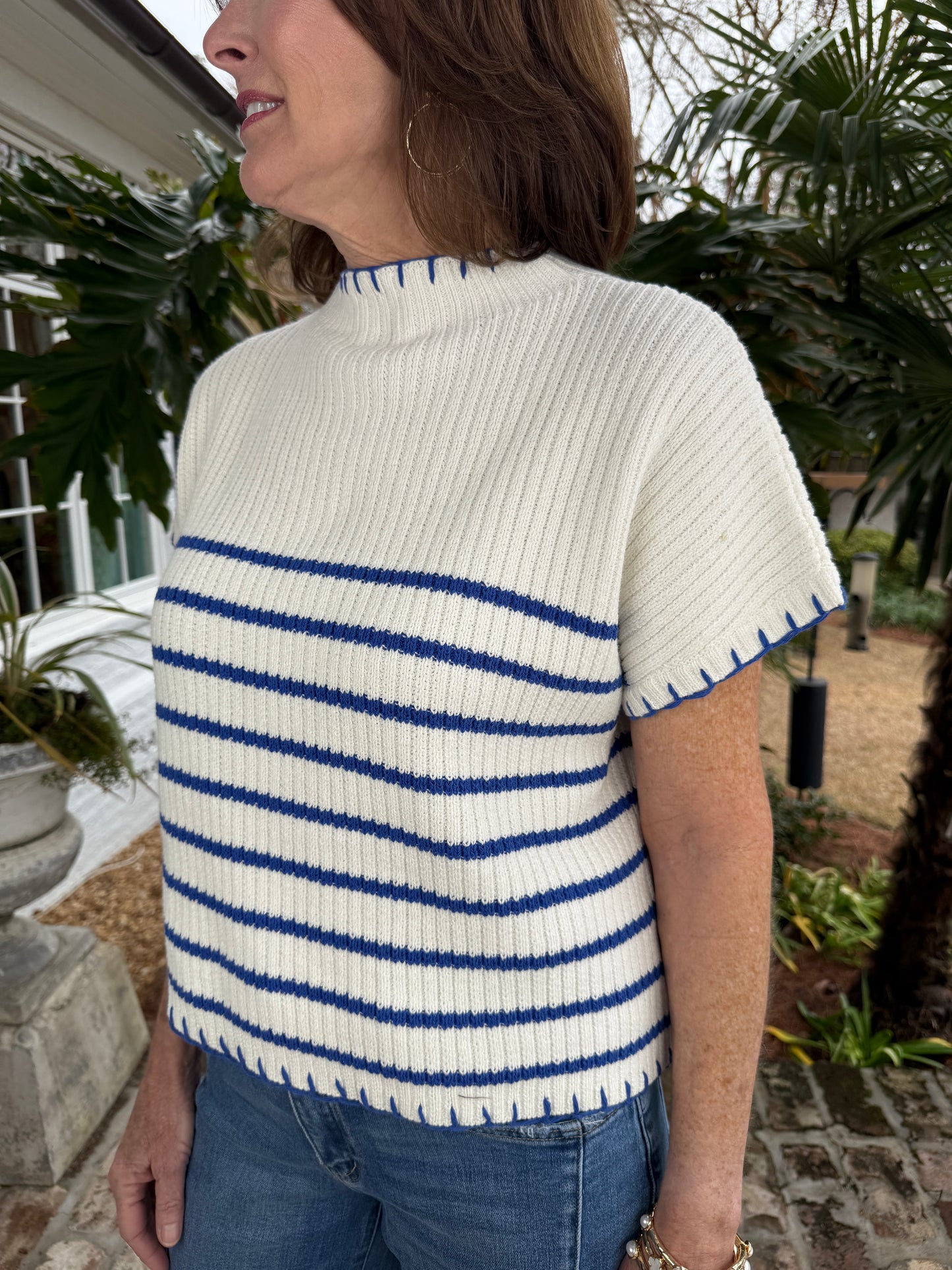 Becca's White & Blue Striped Knit Short Sleeve Sweater