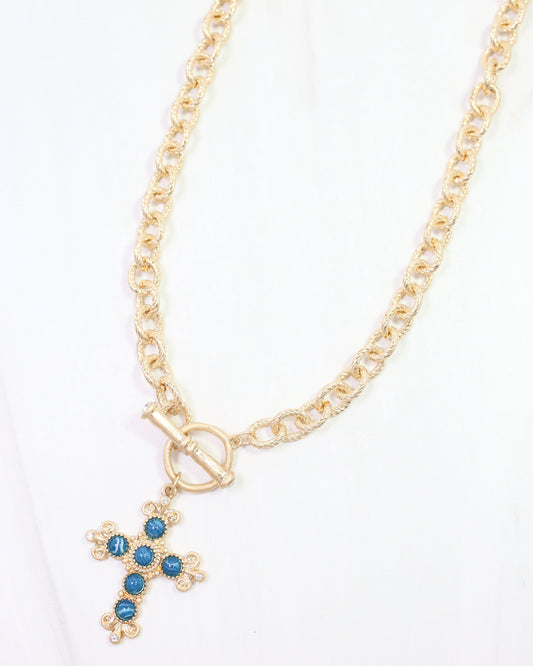 Moriah Cross Pendant Toggle Necklace Blue