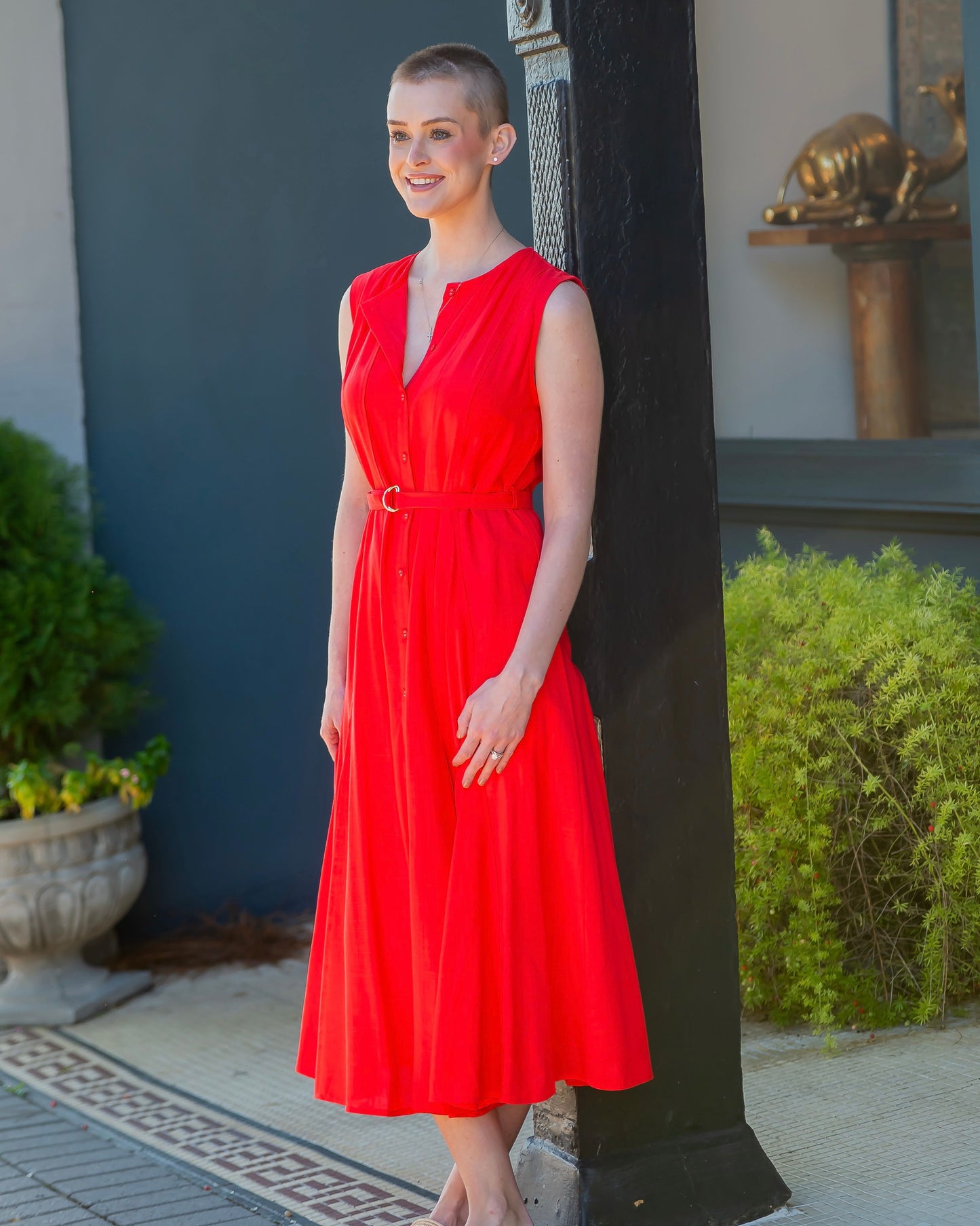 Blossom Red Linen Belted Dress