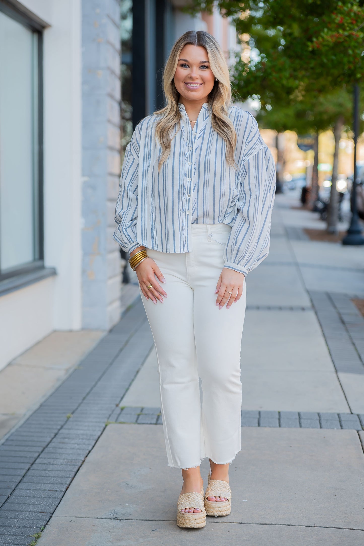 Kat Double Cloth Striped Shirt-Blue