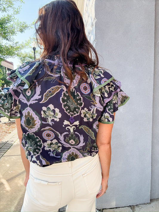 Leighla Floral Top- Navy