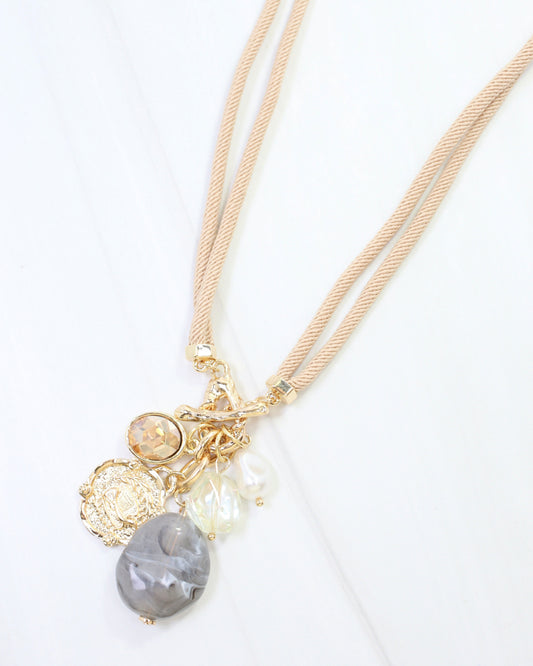 Maritza Coin and Stone Cord Necklace Natural