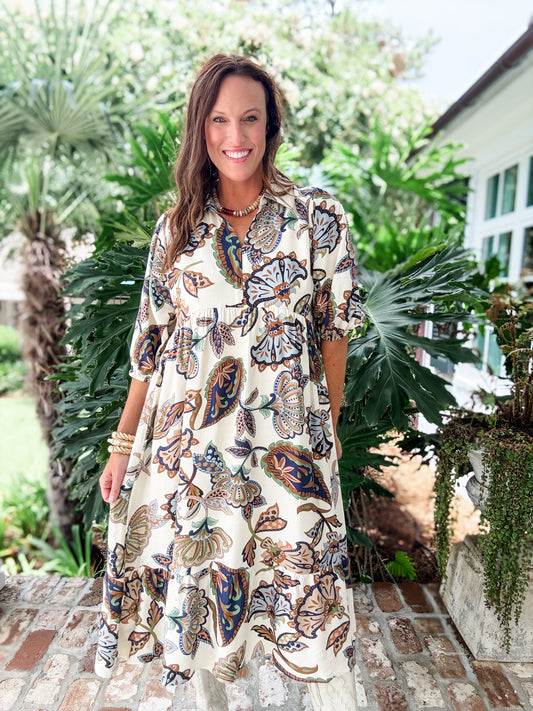 Bree Boho Print Midi Dress- Cream
