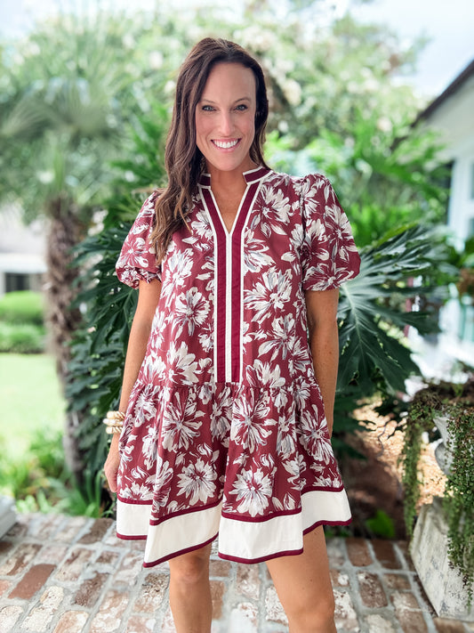 Dutton Garnet Floral Print Bubble Sleeve Dress