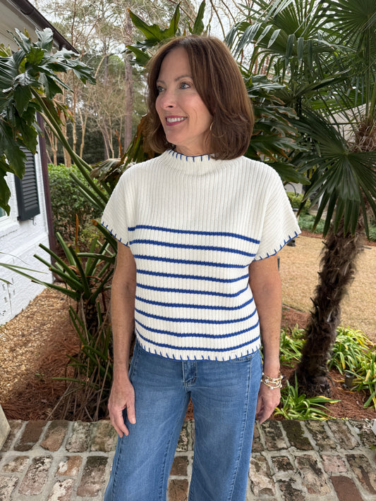 Becca's White & Blue Striped Knit Short Sleeve Sweater