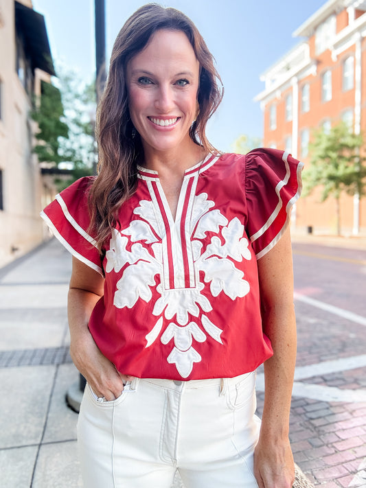 Fleur De Lis Rust Flutter Sleeve Top