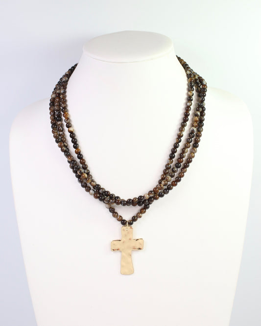 Barstow Layered Beaded Cross Necklace Brown