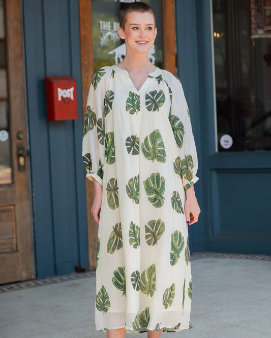 Elena Leaf Print Bubble Sleeve Dress