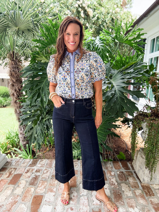 Minnie Blue Multi Floral Button Up Top