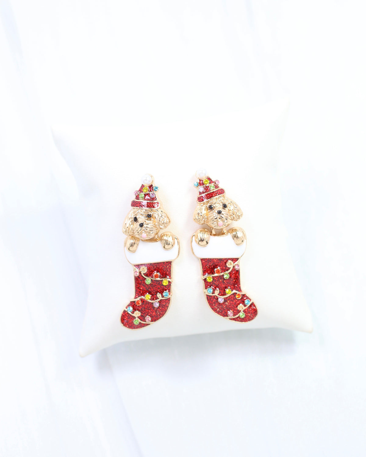Stocking Stuffer Puppy Drop Earring Red