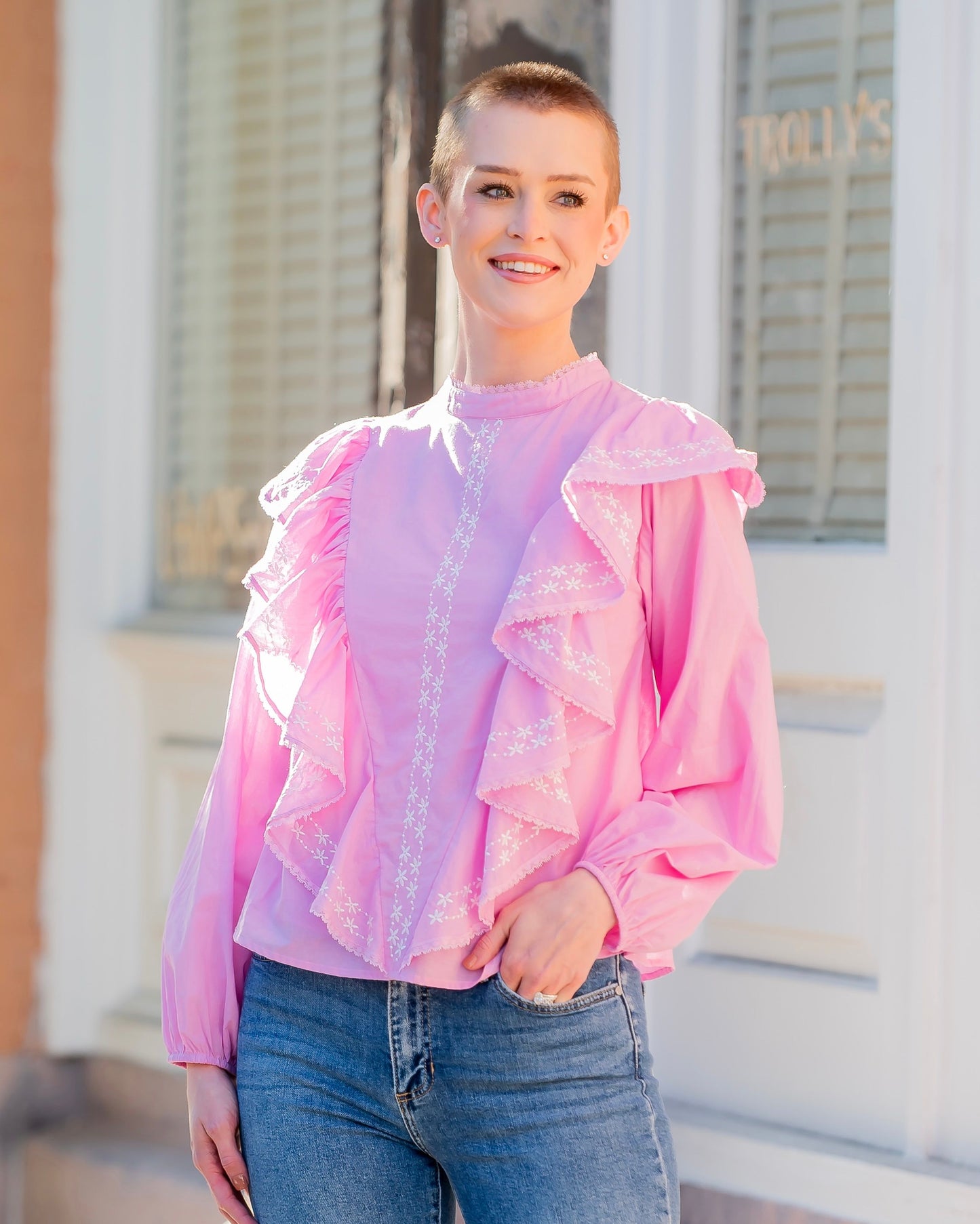 Aurora Embroidered Ruffle Front Blouse