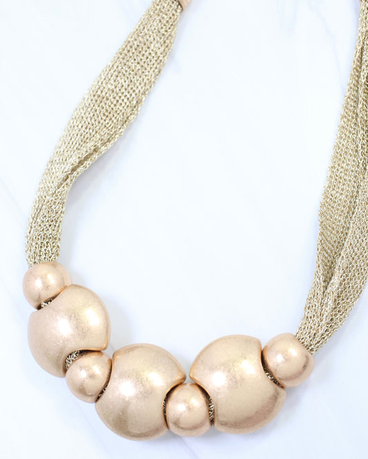 Woodstock Mesh Beaded Necklace Worn Gold